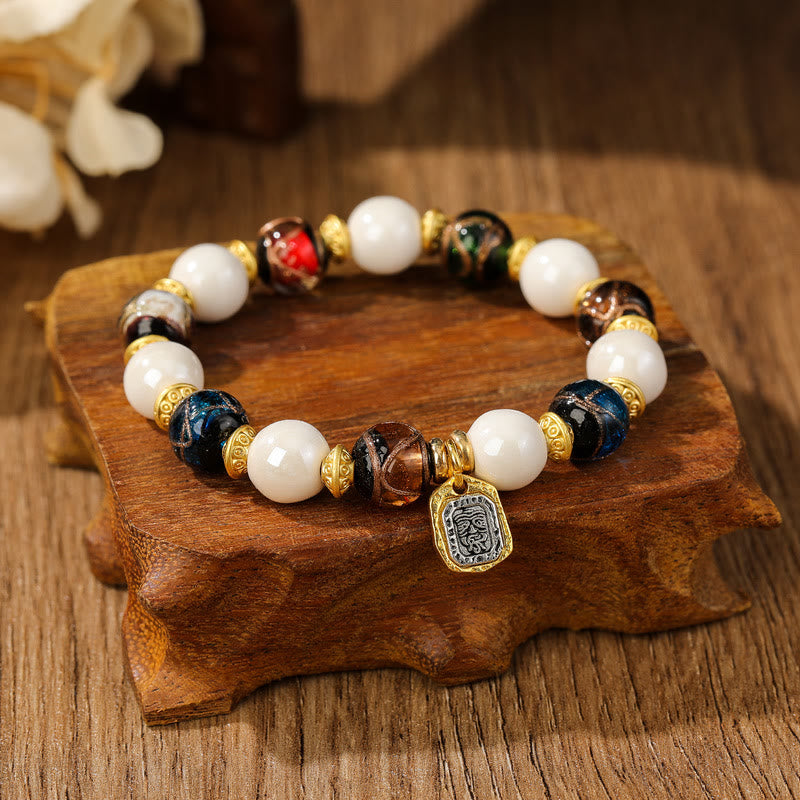 Wear FengShui Tibetan Zakiram Goddess of Wealth Charm Liuli Glass Incense Ash Porcelain Bead Protection Bracelet