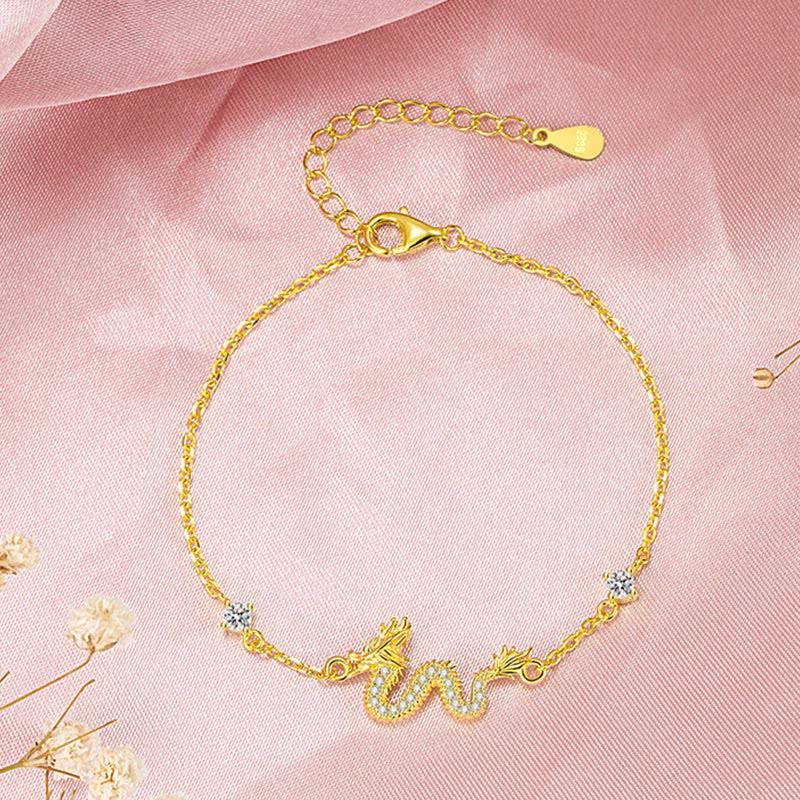 Wear FengShui 925 Sterling Silver Year Of The Dragon Auspicious Golden Dragon Luck Red Rope Chain Bracelet