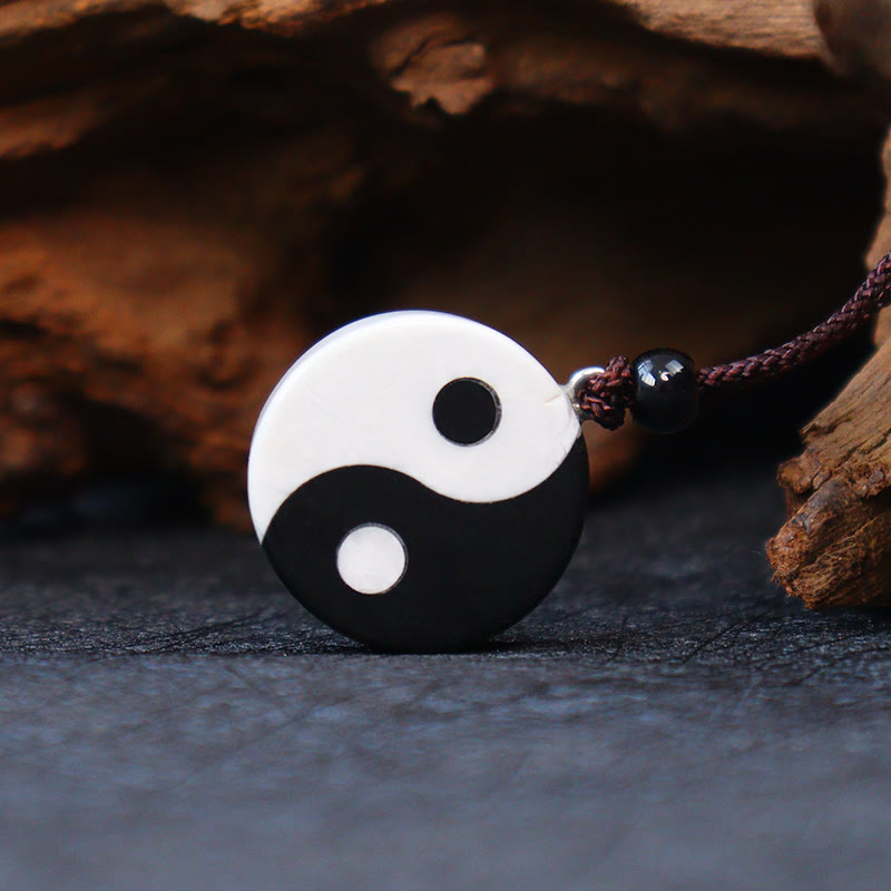 Wear FengShui Natural Black Obsidian White Turquoise Yin Yang Fulfilment Strength Necklace Pendant