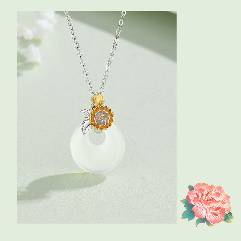 Wear FengShui 925 Sterling Silver Round Chalcedony Twelve Months Flower Harmony Necklace Pendant