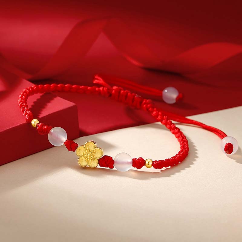 Wear FengShui Handmade 925 Sterling Silver Peach Blossom Cherry Sakura Chalcedony Bead Luck Red Rope Bracelet
