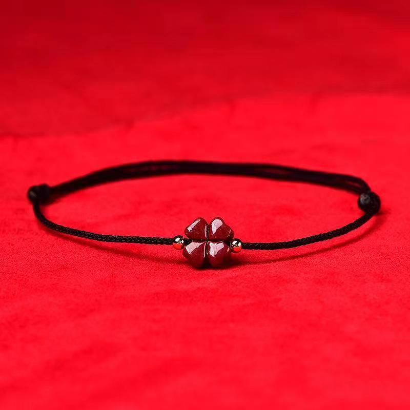 Wear FengShui Natural Cinnabar Four Leaf Clover Blessing Red String Bracelet Anklet