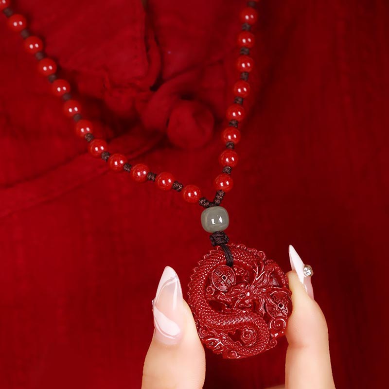 Wear FengShui Year Of The Dragon Natural Cinnabar Hetian Jade Bead Copper Coin Attract Wealth Strength Necklace Pendant