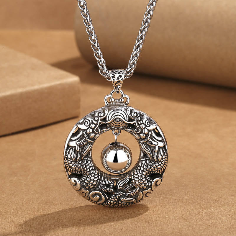 Wear FengShui Double Dragon Playing Bead Copper Protection Necklace Pendant