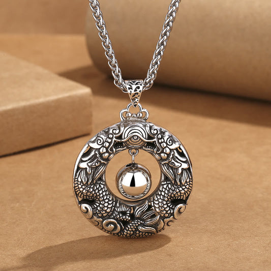 Wear FengShui Double Dragon Playing Bead Copper Protection Necklace Pendant