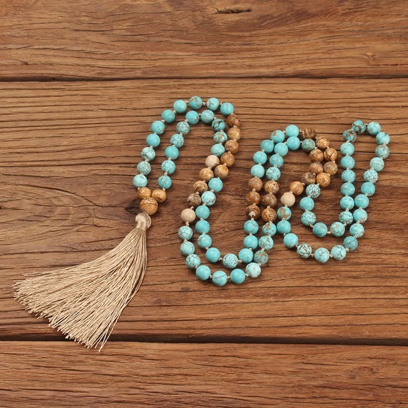 Wear FengShui 108 Mala Beads Turquoise Picture Jasper Wisdom Tassel Bracelet