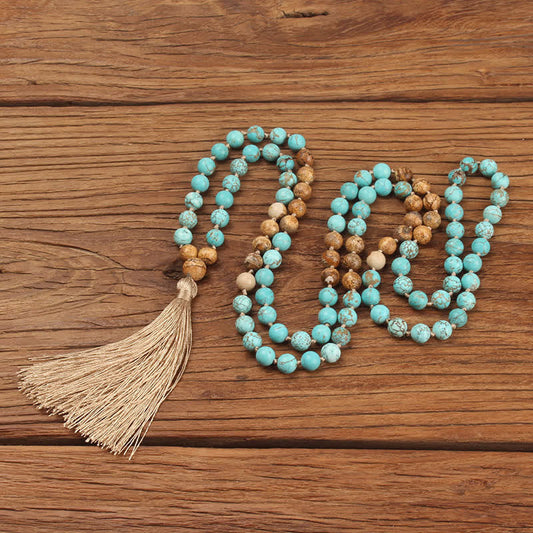 Wear FengShui 108 Mala Beads Turquoise Picture Jasper Wisdom Tassel Bracelet