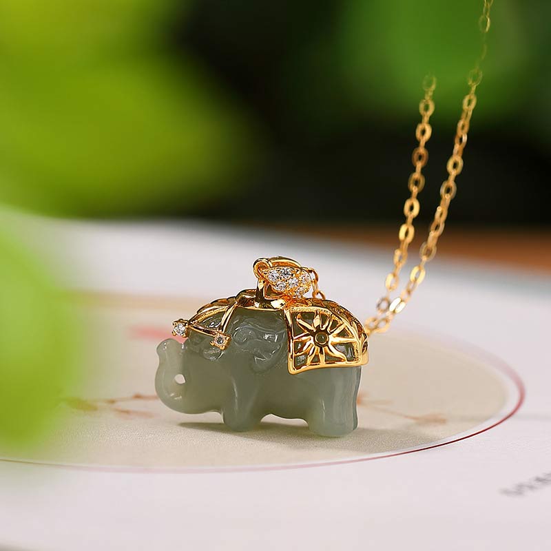 Wear FengShui 925 Sterling Silver Jade Elephant Blessing Fortune Necklace Chain Pendant
