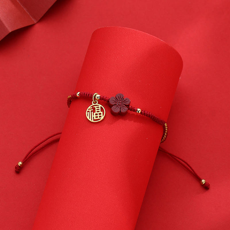 Wear FengShui Cinnabar Flower Fu Character Blessing Braided String Bracelet