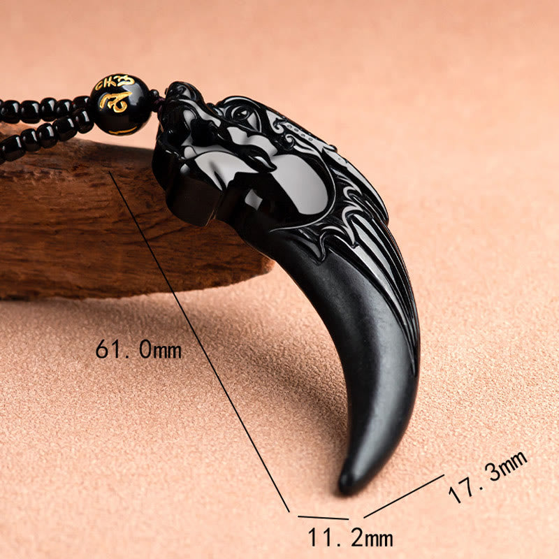 Wear FengShui Natural Black Jade Chinese Zodiac Dragon Tooth Pattern Protection Necklace Pendant