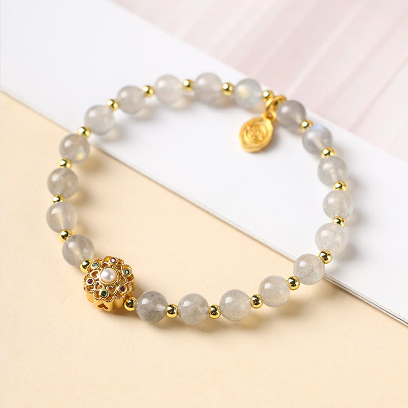 Wear FengShui 14K Gold Plated Natural Strawberry Quartz Labradorite Sun Stone Fu Character Positive Charm Bracelet