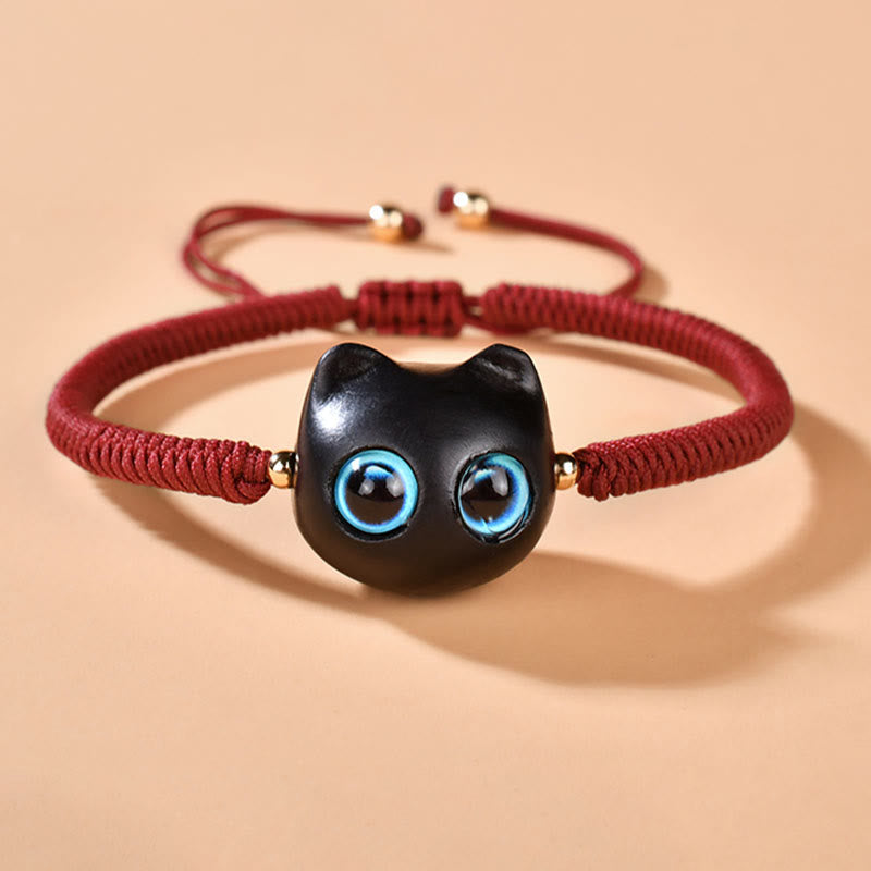 Wear FengShui Ebony Wood Cat Head Pattern Peace King Kong Knot Braided Bracelet