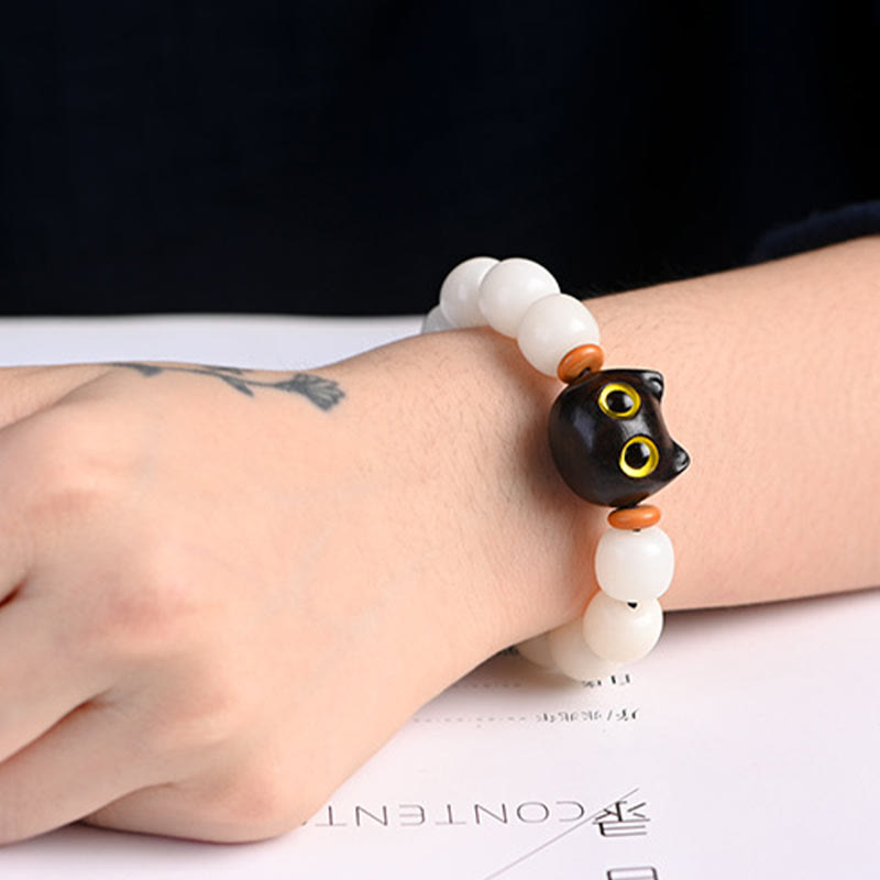 Wear FengShui Natural Bodhi Seed Small Leaf Red Sandalwood Ebony Wood Cute Lucky Cat Wisdom Bracelet