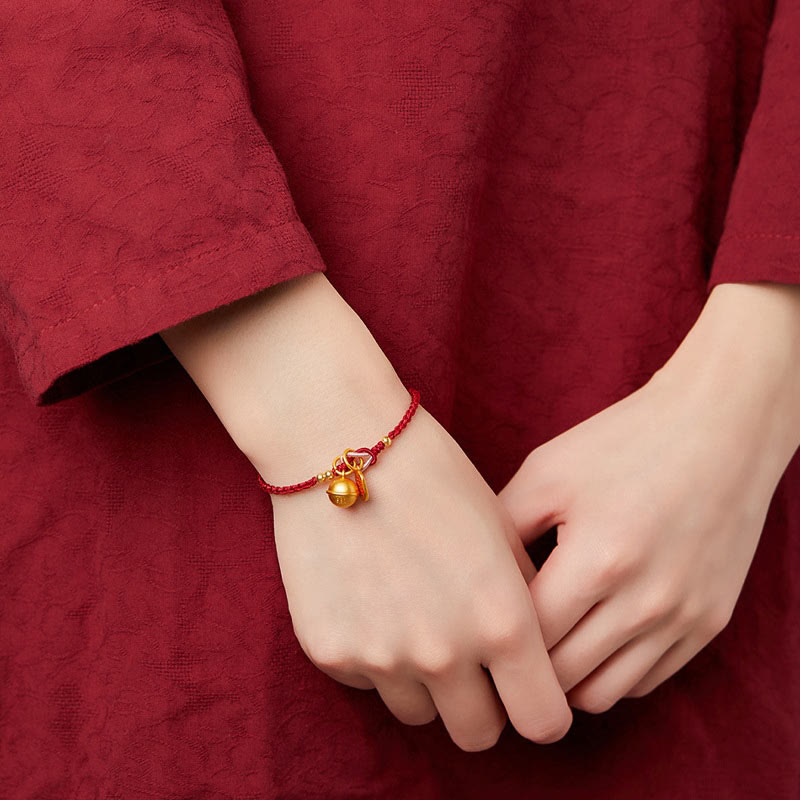 Wear FengShui Handmade Fu Character Charm Luck Happiness Bell Red Rope Bracelet