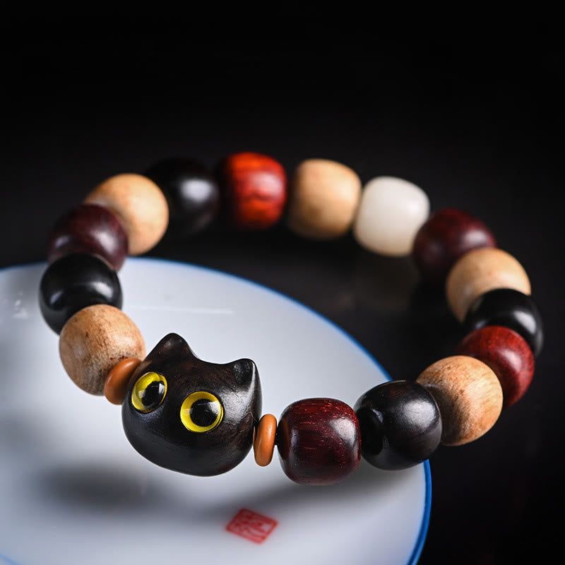 Wear FengShui Small Leaf Red Sandalwood Ebony Wood Cute Cat Engraved Protection Bracelet