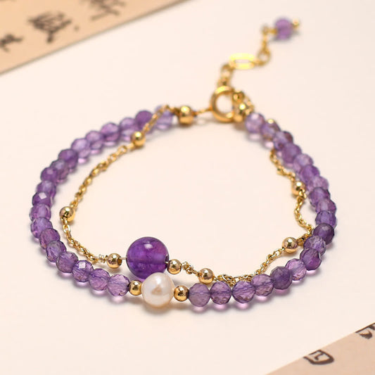 Wear FengShui 14K Gold Plated Amethyst Crystal Healing Double Layer Chain Bracelet
