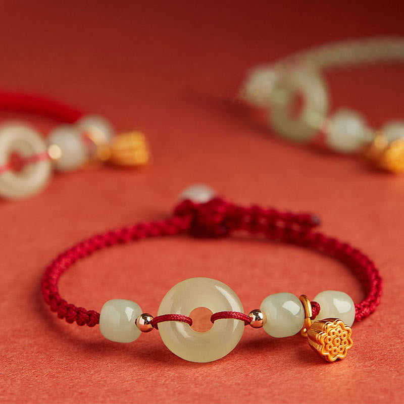 Wear FengShui Round Peace Buckle Jade Lotus Happiness Abundance Wealth String Bracelet