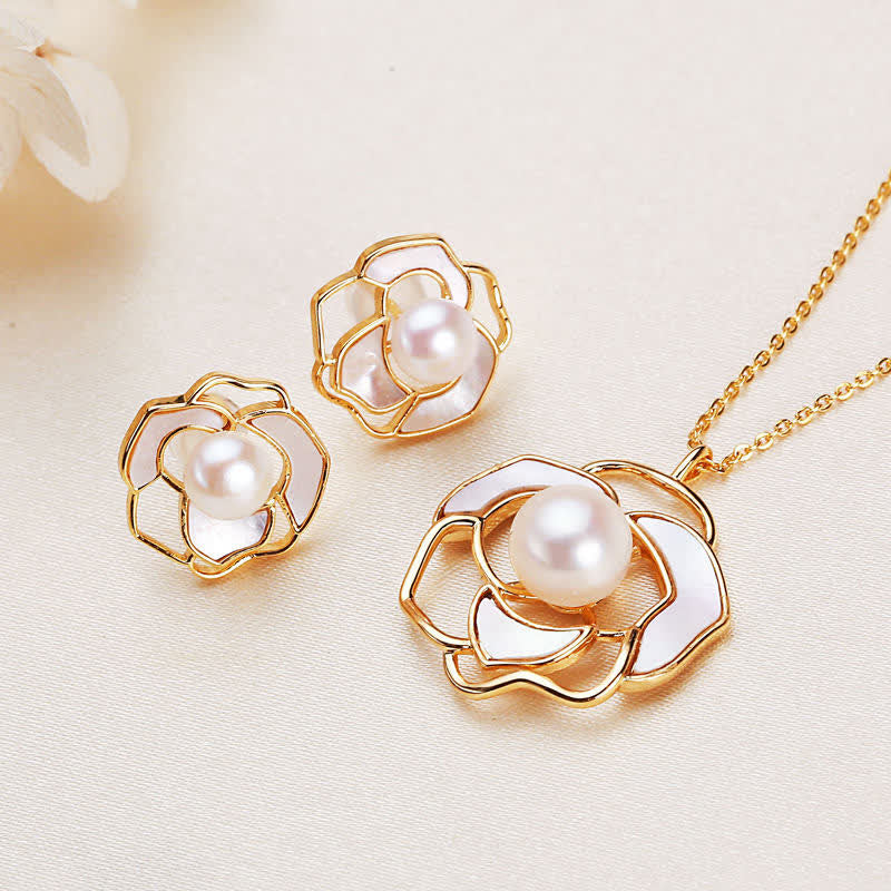 Wear FengShui 925 Sterling Silver Pearl Camellia Pattern Happiness Necklace Pendant Earrings