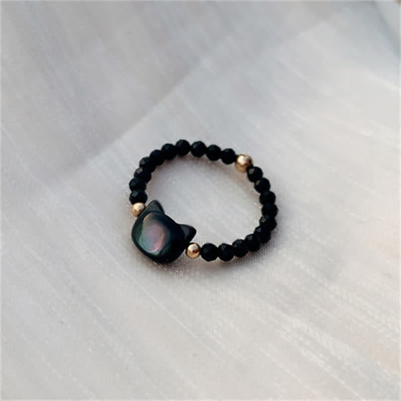 Wear FengShui Natural Tridacna Stone Lovely Cat 14K Gold Plated Blessing Ring
