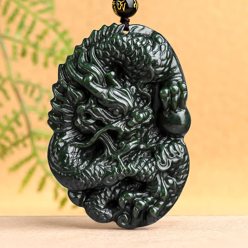 Wear FengShui Hetian Cyan Jade Dragon Success Harmony Necklace Beaded String Pendant