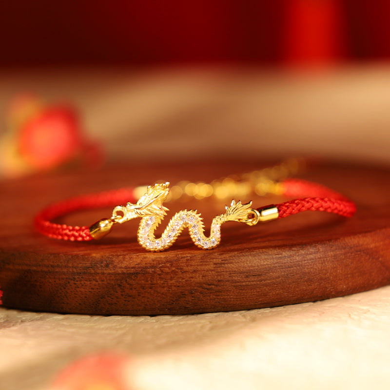 Wear FengShui 925 Sterling Silver Year Of The Dragon Auspicious Golden Dragon Luck Red Rope Chain Bracelet