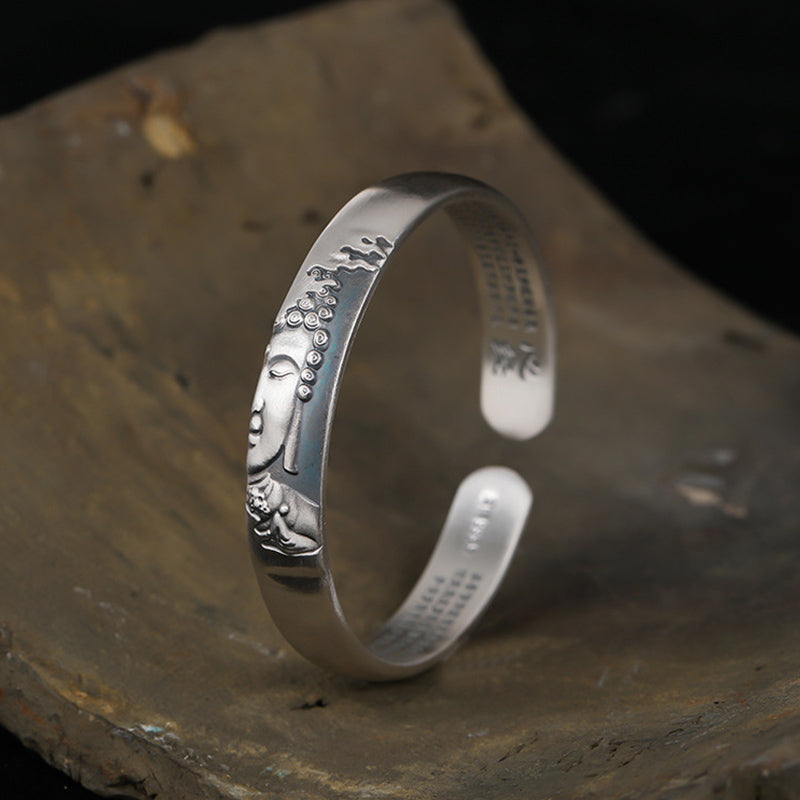 Wear FengShui 999 Sterling Silver Buddha Head Heart Sutra Serenity Bracelet Bangle