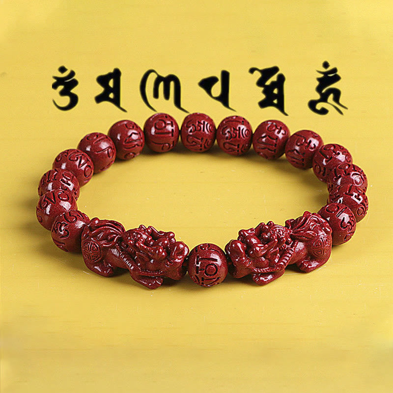 Wear FengShui Natural Double PiXiu Cinnabar Om Mani Padme Hum Wealth Luck Bead Bracelet