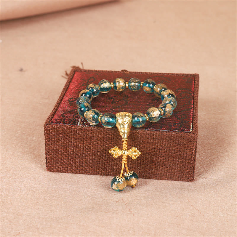 Wear FengShui Tibetan Gold Swallowing Beast Family Dorje Vajra Strength Bead Bracelet