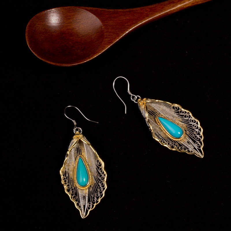 Wear FengShui 925 Sterling Silver Turquoise Bodhi Leaf Pattern Protection Drop Dangle Earrings