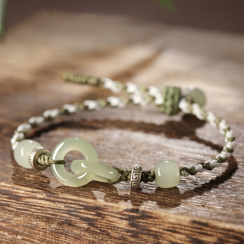 Wear FengShui Natural Hetian Jade Peace Buckle Luck Braided Bracelet