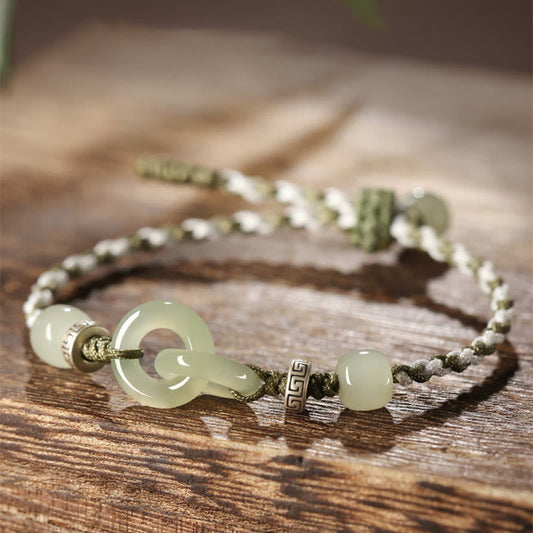 Wear FengShui Natural Hetian Jade Peace Buckle Luck Braided Bracelet