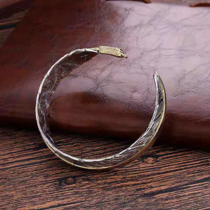 Wear FengShui Feather Pattern Carved Luck Wealth Cuff Bracelet Bangle