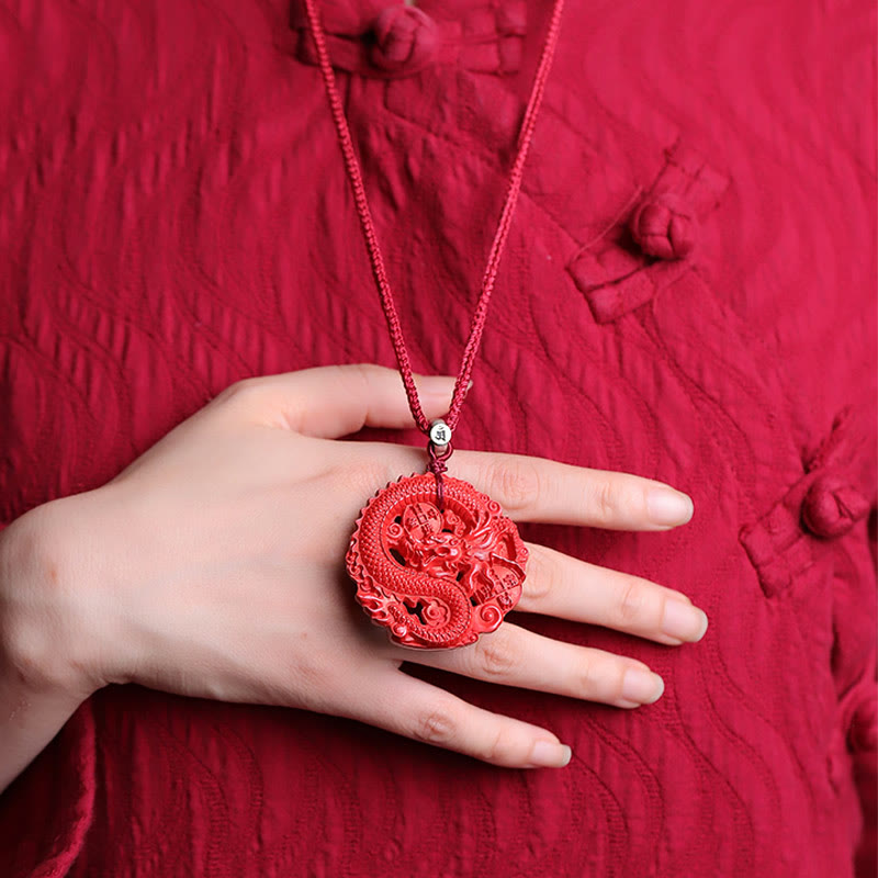 Wear FengShui Year of the Dragon 925 Sterling Silver Natural Cinnabar Copper Coin Luck Necklace Pendant