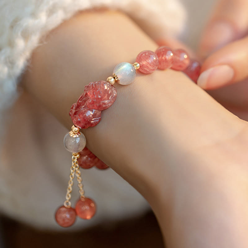 Wear FengShui Natural Strawberry Quartz Moonstone PiXiu Love Healing Bracelet