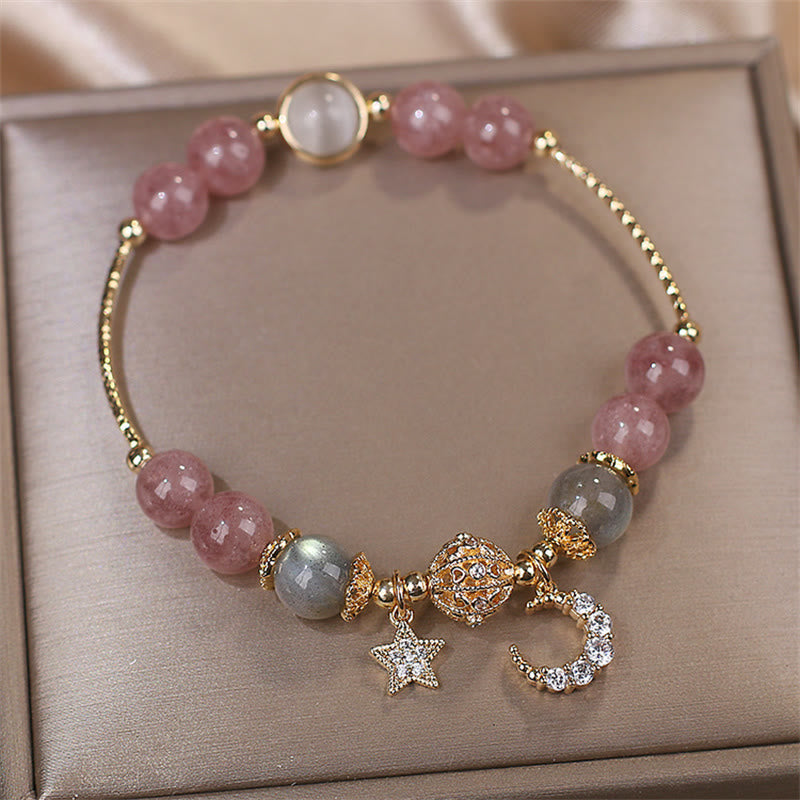 Wear FengShui Strawberry Quartz Moonstone Moon Star Love Bracelet