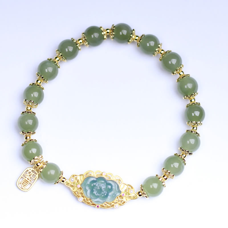 Wear FengShui 925 Sterling Silver Plated 14K Gold Hetian Jade Lotus Luck Bracelet