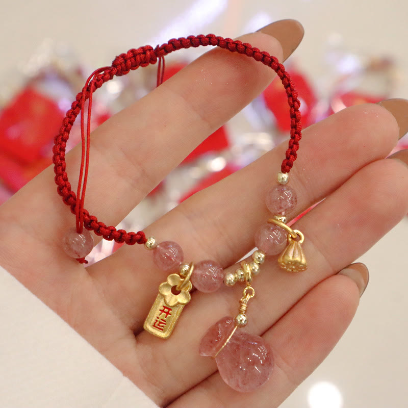Wear FengShui Natural Strawberry Quartz Money Bag Lotus Healing Charm Red String Braided Bracelet