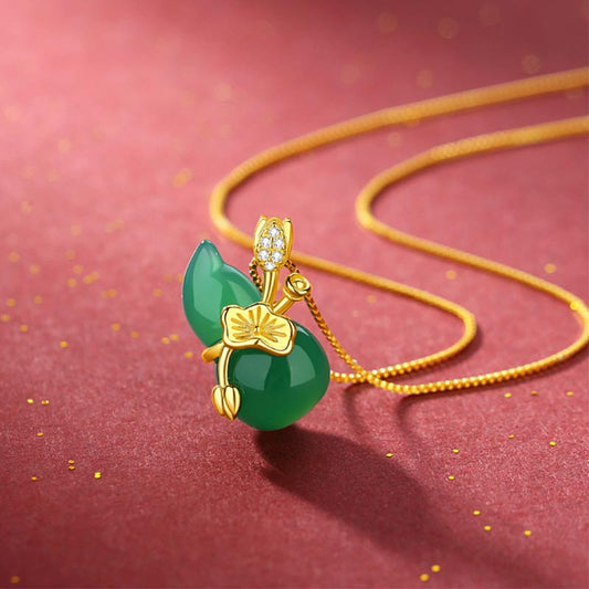 Wear FengShui Cyan Jade Gourd Lotus Leaf Abundance Pendant Necklace