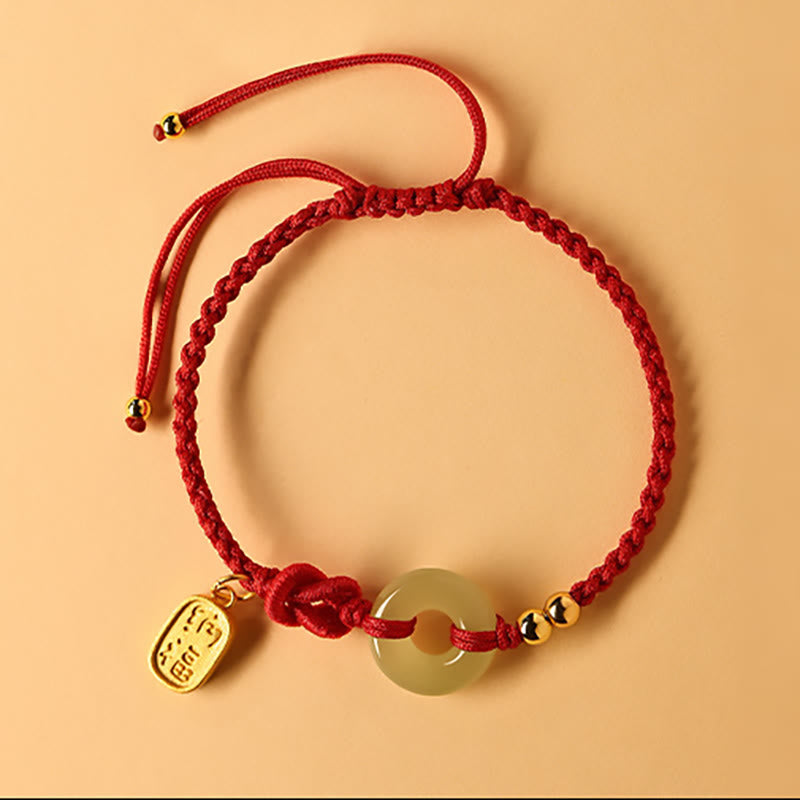 Wear FengShui Hetian Jade Peace Buckle Fu Character String Luck Bracelet