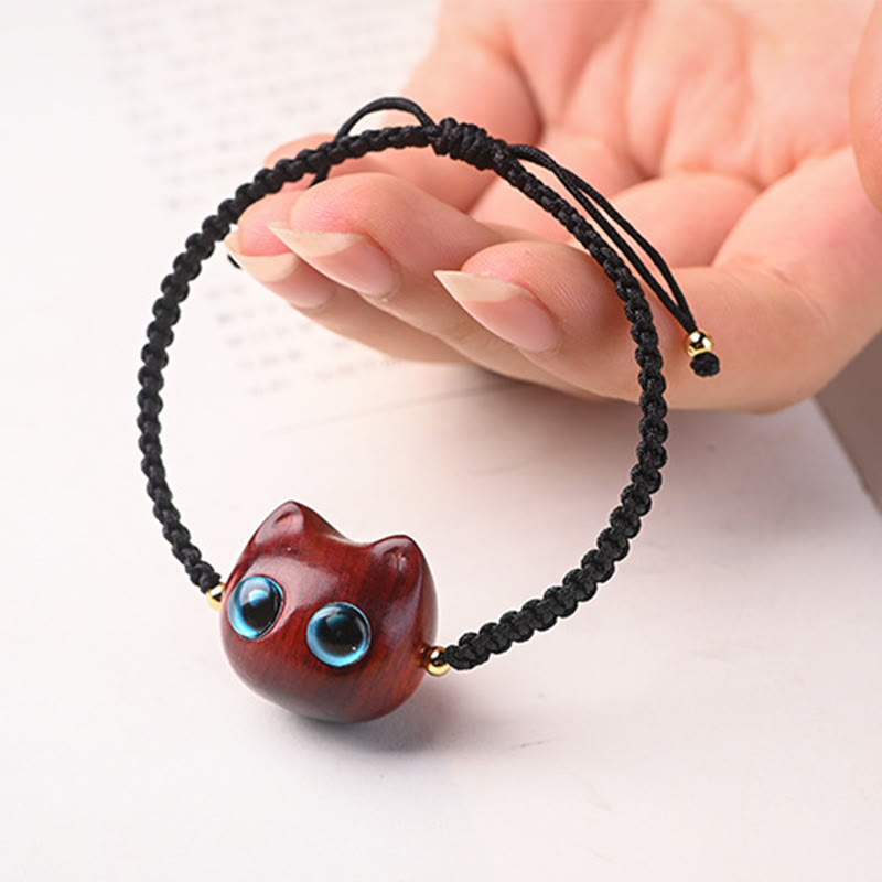Wear FengShui Small Leaf Red Sandalwood Ebony Wood Cute Cat Head Calm Protection Braided Bracelet