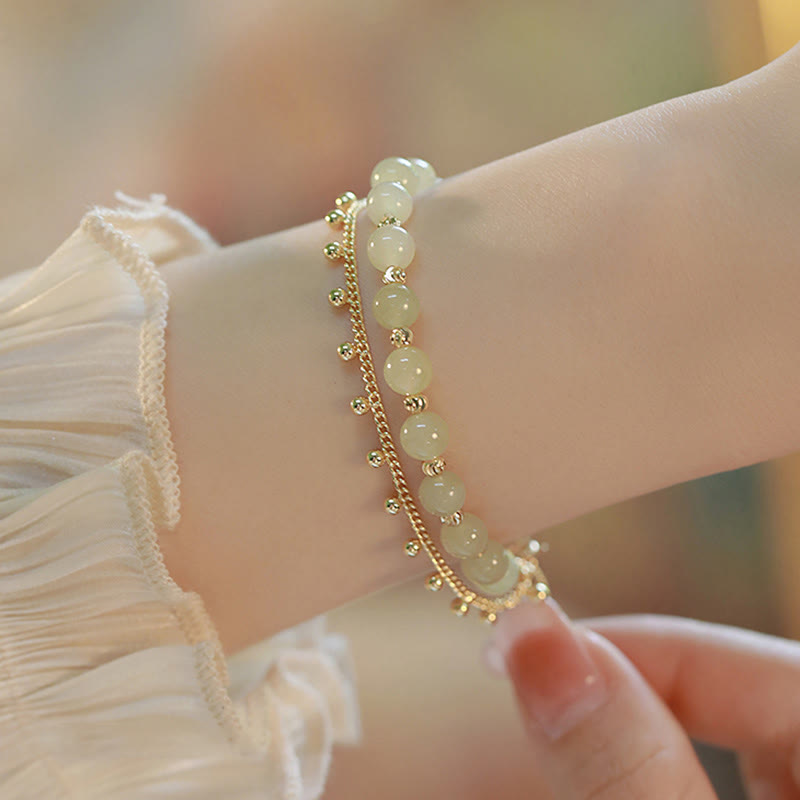 Wear FengShui 14K Gold Plated 2 Layers Hetian Jade Bead Luck Prosperity Bracelet