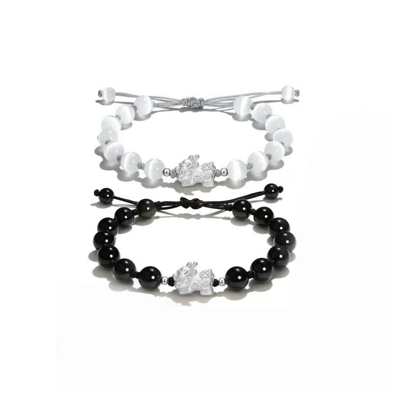 Wear FengShui Natural Black Obsidian Cat's Eye Pink Crystal PiXiu Strength Bracelet