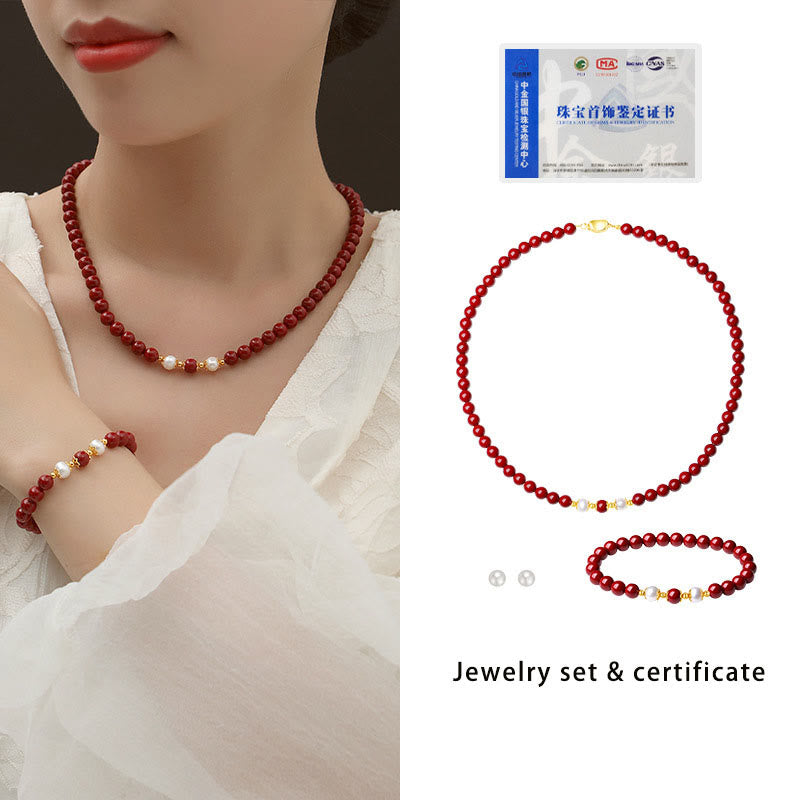 Wear FengShui 925 Sterling Silver Natural Cinnabar Pearl Blessing Necklace Pendant Bracelet Earrings Jewelry Set