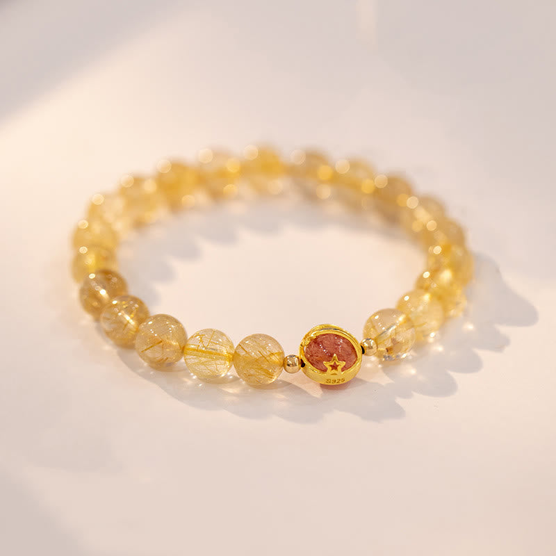 Wear FengShui Golden Rutilated Quartz Strawberry Quartz Star Protection Bracelet