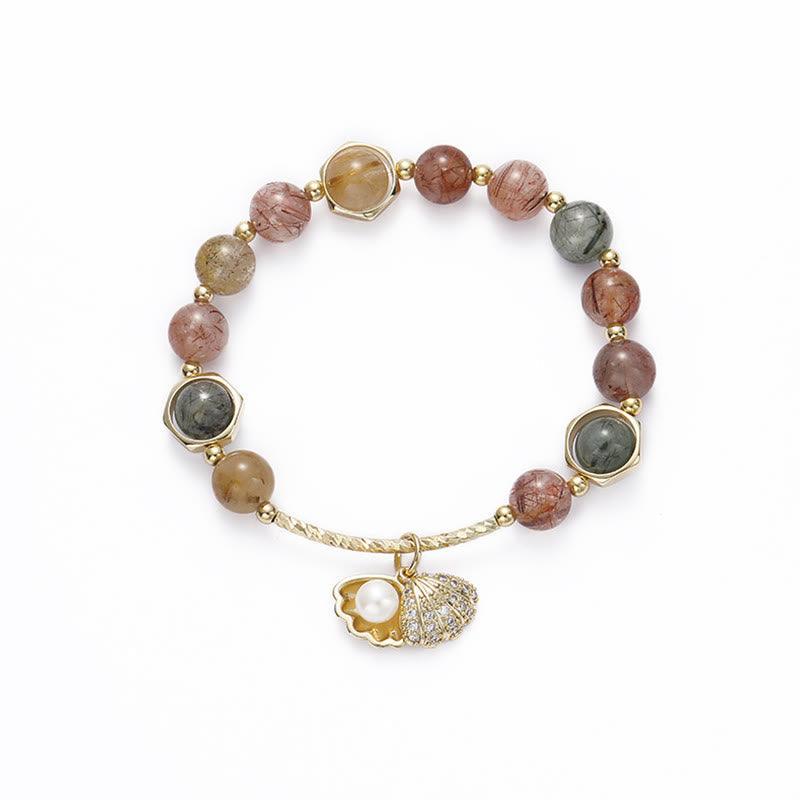 Wear FengShui Natural Colorful Rutilated Quartz Shell Protection Bead Bracelet
