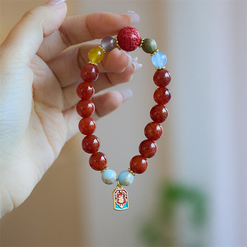 Wear FengShui Natural Red Agate Peace Talisman Fu Character Dragon Tail Confidence Charm Bracelet