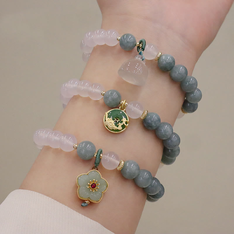 Wear FengShui White Agate Jade Lotus Flower Peace Buckle Protection Bracelet