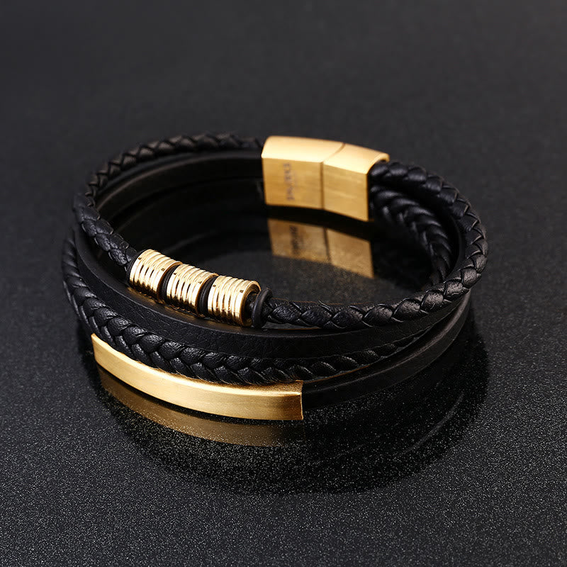 Wear FengShui Leather Multi-Layer Titanium Steel Balance Braided Magnetic Buckle Bracelet