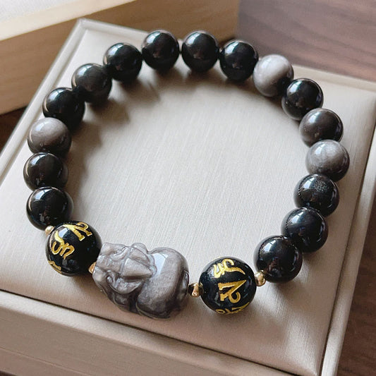 Wear FengShui Natural Silver Sheen Obsidian Black Obsidian Om Mani Padme Hum Pixiu Protection Bracelet