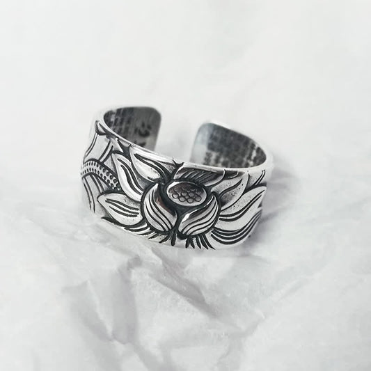Wear FengShui 999 Sterling Silver Lotus Symbol Heart Sutra Protection Ring